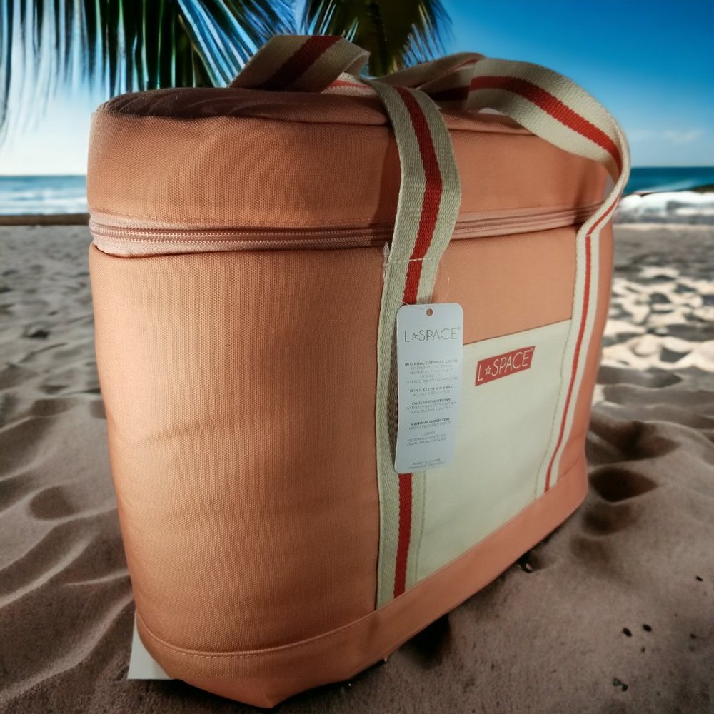L*SPACE Coastal Cooler Bag NWT Pink Coral Insulated Beach Picnic Tote Red Stripe - Picture 7 of 8